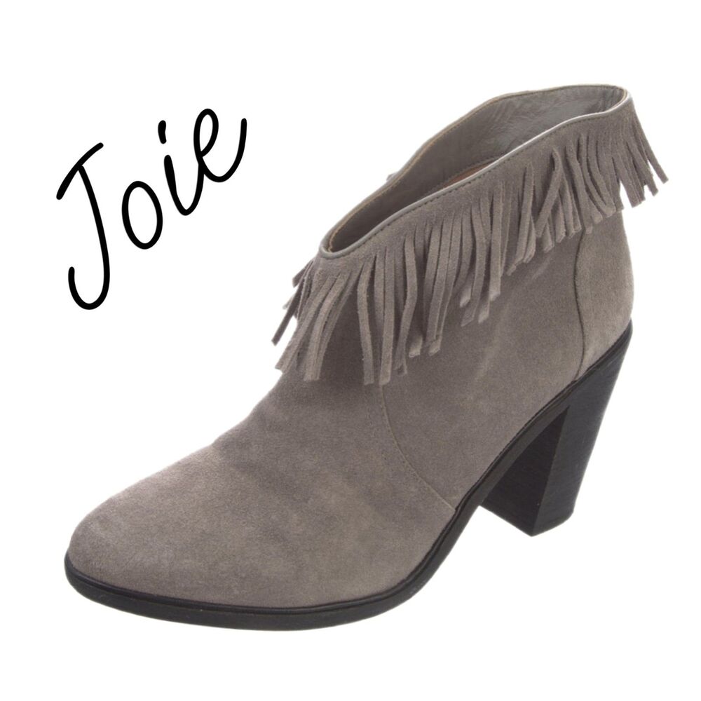 Joie "Loren" Grey Leather Suede 4" Heel Ankle Booties w/ Fringe, Size 10.5, VGUC